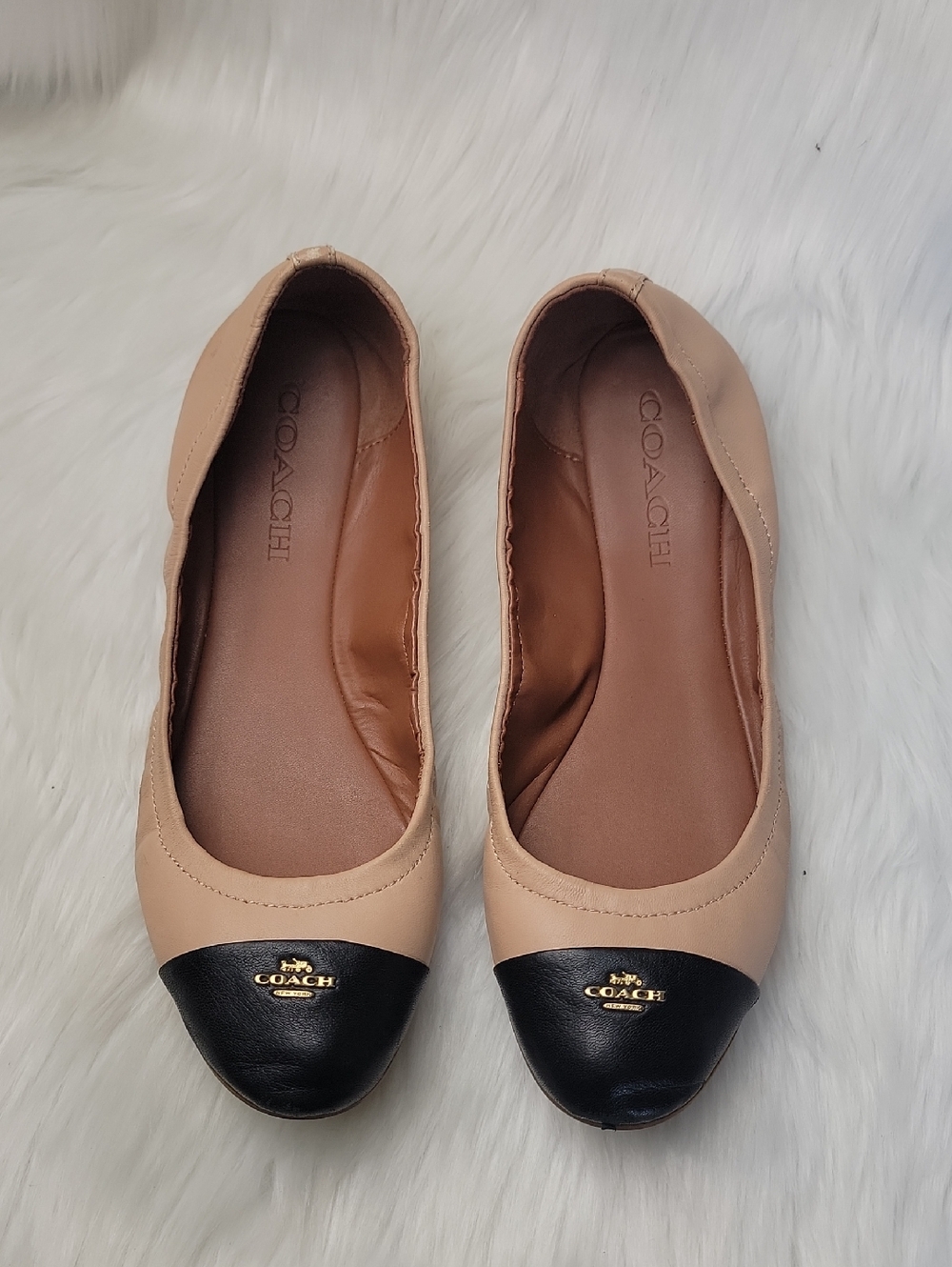 COACH Nude Black Cap Toe Designer Ballet Ballerina Slip On Logo Flats 8.5 - Picture 8 of 11